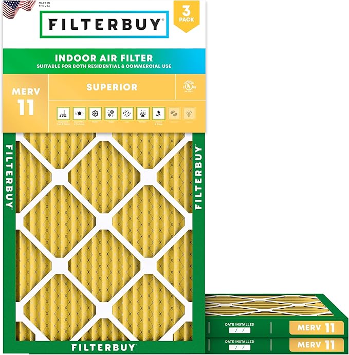 Filterbuy 10x20x1 Air Filter MERV 11 Superior Pet & Allergy Defense (3-Pack), Electrostatic Pleated HVAC AC Furnace Filters Replacement (Actual Size: 9.50 x 19.50 x 0.75)