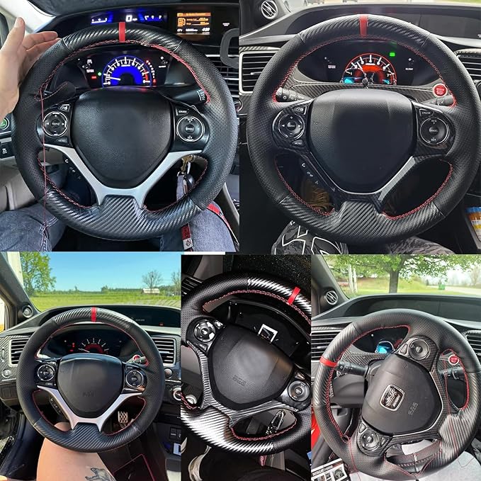 Loncky Carbon Fiber Black Genuine Leather Steering Wheel Cover for Honda Civic 9 Civic 2012 2013 2014 2015 Hand Stitched Custom Fit Car OEM Parts Interior Accessories