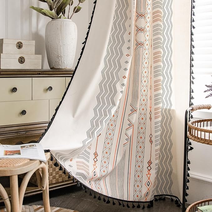 ColorBird Boho Curtains 2 Panels 84 Inches Length Orange Patterned Window Treatment Striped Geometric Aztec Western Curtain & Drapes for Living Bedroom Dining Room Boho Chic Deco
