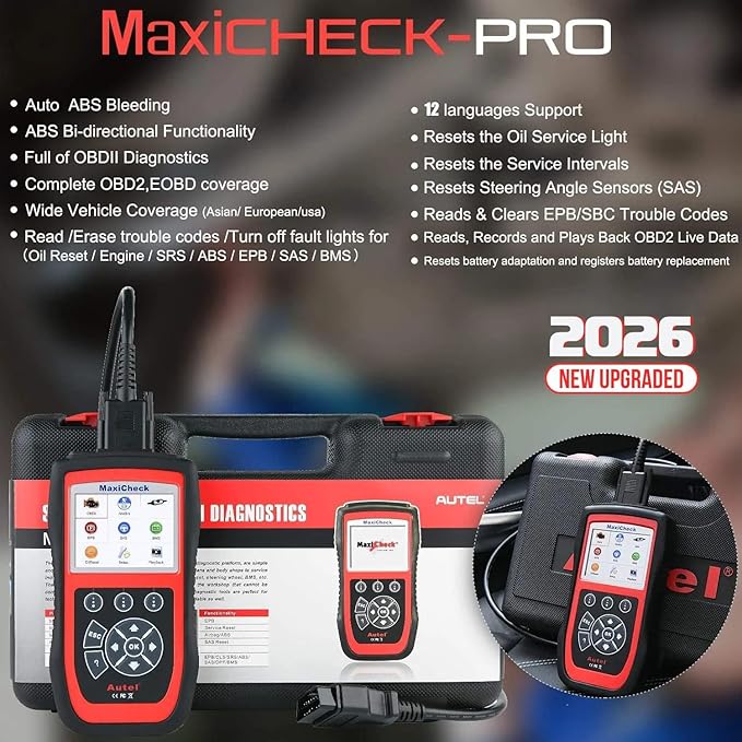 Autel MaxiCheck PRO Auto Bleed Scan Tool for ABS Brake Bleeding, ABS SRS OBD2 Diagnostic Scanner, Oil Reset, BMS, EPB, SAS Services for Specific Vehicles Up to 2015, Lifetime Free Updates