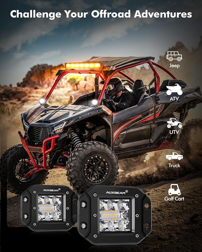 Auxbeam 6 Modes Amber White Series 5-Inch 72W Strobe LED Light Pods | Flush mount fog lights, Spot flood combo, Memory reset function, Grille bumper reverse backup, Dual color offroad lights