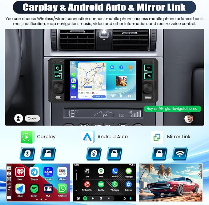 Single Din Touchscreen Car Stereo with Wireless Carplay&Android Auto,5.1 Inch Car Radio MP5 Player with Bluetooth FM Radio EQ Car Audio with USB/Type-C SWC+Backup Camera