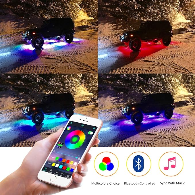 RGB LED Rock Light Kits 4 Pods Underglow Neon LED Lights with Bluetooth Control Waterproof Multicolor Wheel Well Lights for Truck SUV ATV UTV Boat Marine Motorcycle Off Road