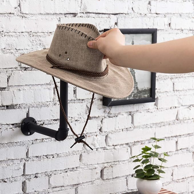 MyGift 3 Pcs Cowboy Hat Holder on Wall, Hat Rack Hooks, Wig Display Helmet Collection Organizer, Baseball Cap Hanger Entryway Bedroom, Realistic Black Metal Pipe Brown Wood