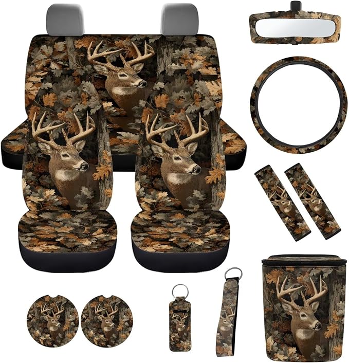 Car Seat Covers Set 12 Pcs Camo Deer Hunter Car Seat Belt Pad Cover Steering Wheel Cover Auto Cup Coasters Auto Trash Bin Rear View Mirror Cover Keychain Holder Keychains