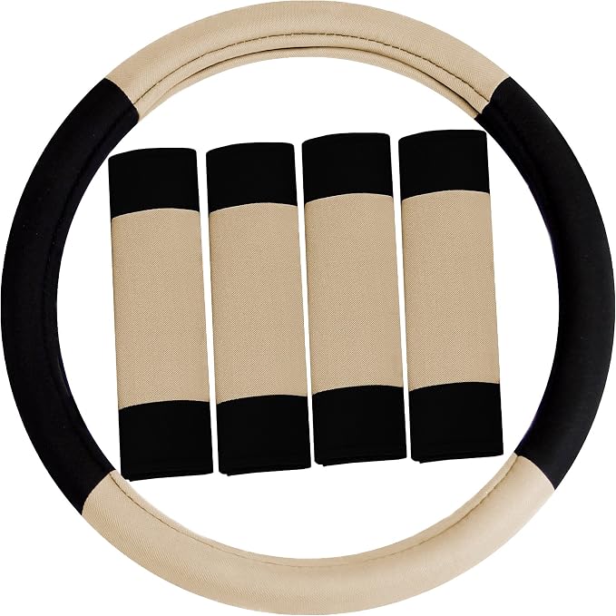 FH Group Automotive Seat Covers Unique Flat Cloth Beige Full Set, Combo Steering Wheel Cover and Seat Belt Pads Rear Solid Bench Universal Fit for Vans Cars Trucks and SUV Interior Accessories
