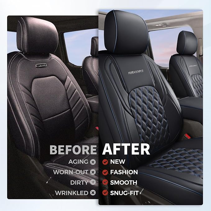 Huidasource Wrangler JL Seat Covers 4 Door, Leather Car Seat Covers Full Set, Custom Seat Cushion Protector Fit for Jeep Wrangler JL 4-Door 2018-2026 Without Rear Cupholder (Full Set/Black&Blue)