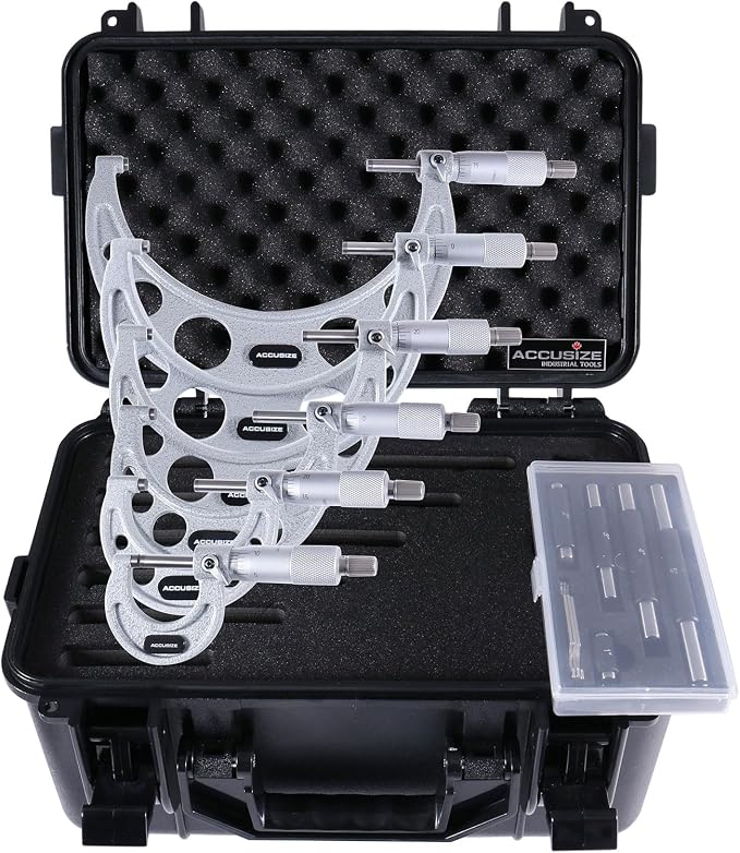 Accusize Industrial Tools 0-6 inch by 0.0001'' Ultra-Precision Outside Micrometers with Carbide Tips 6 Pc Set, Eg00-0906 | 0-6 in x 0.0001" Ultra-Precision M-Type, Carbide Tipped, with Standards