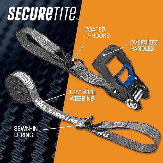 Secure Tite Ratchet Straps 4 Pack, Ratcheting Tie Down Straps with Hooks - 1-1/4” x 16’ Truck Tie Down Straps – Vinyl Double J-Hooks, 1000 lbs. Working Load Limit, 3000 lbs. Break Strength