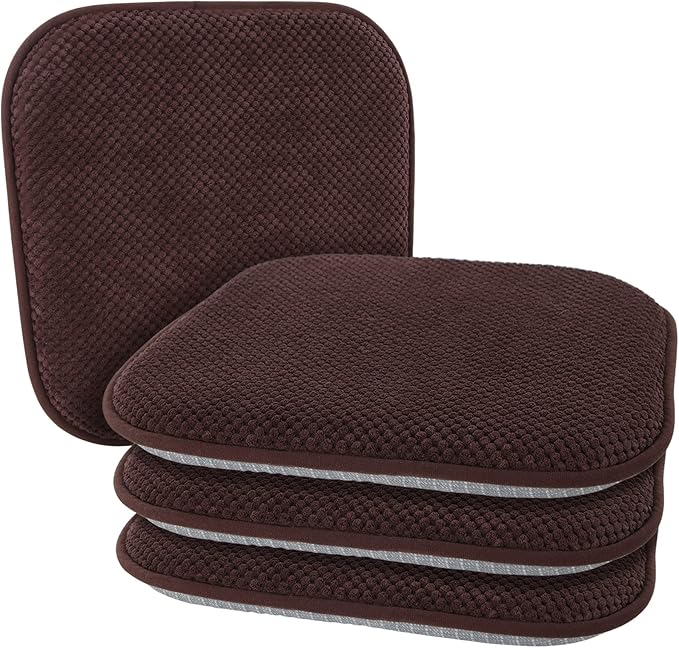Brown Kitchen Dining Chairs Cushions Set of 4 Non Slip Foam Patio Seat Cushions Washable Soft Thick Pads Large Wooden Metal Tapered Chair Cushions,17" x 15"