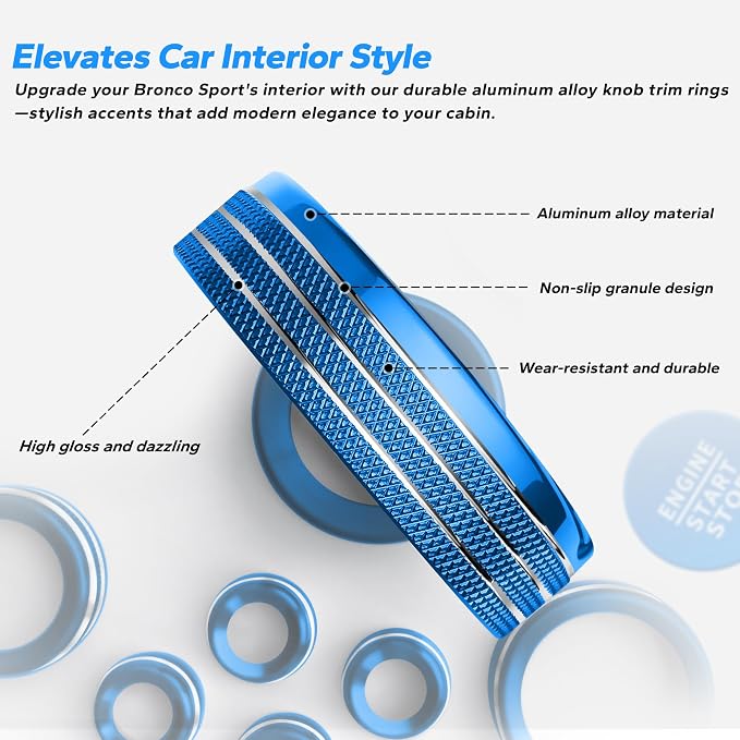 for 2025-2026 Ford Bronco Sport Accessories (Not for Bronco) 9PCS Aluminum Alloy Knob Cover Trim Set for Push Start, Volume, Air Vent Tabs, Headlight & Gear Shift Knob (Blue)