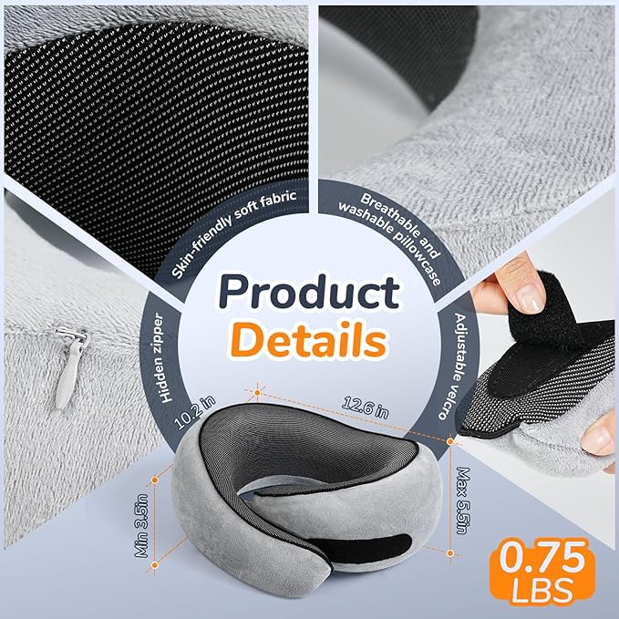 SYNNA Travel Neck Pillow for Airplane & Car, 360° Head and Chin Support, Ergonomic Memory Foam with Silky-Smooth Breathable Washable Cover for Flights, Road Trips & Office Naps
