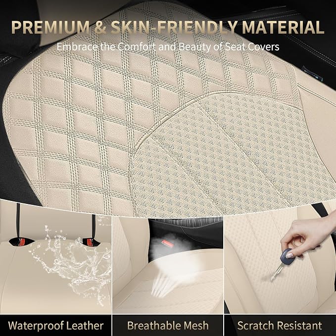 FLORICH Front Seat Covers Leather & Mesh Automotive Seat Protectors 2 Pack Breathable Car Seat Cover Spill-Proof Auto Seat Covers Cushion Universal Fit for Most Car SUV Sedan Truck, Beige