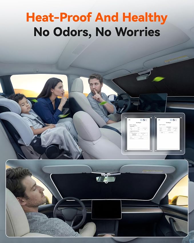 WOLFBOX Car Windshield Sun Shade - Foldable Front Window Sunshade with Premium Black Vinyl Coating, 100% Blackout UV & Heat Shield Sun Visor Protector Toyota Rav4 Camry Tundra Corolla(XL 64''L*34''W)