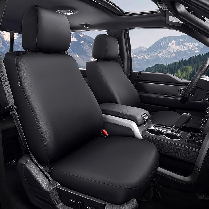 Full Set Custom Waterproof Faux Leather Truck Seat Covers for Ford F150 2009-2026,F250 F350 F450 2017-2026 with Seat Belt Shoulder Pads and Steering Wheel Cover,Black