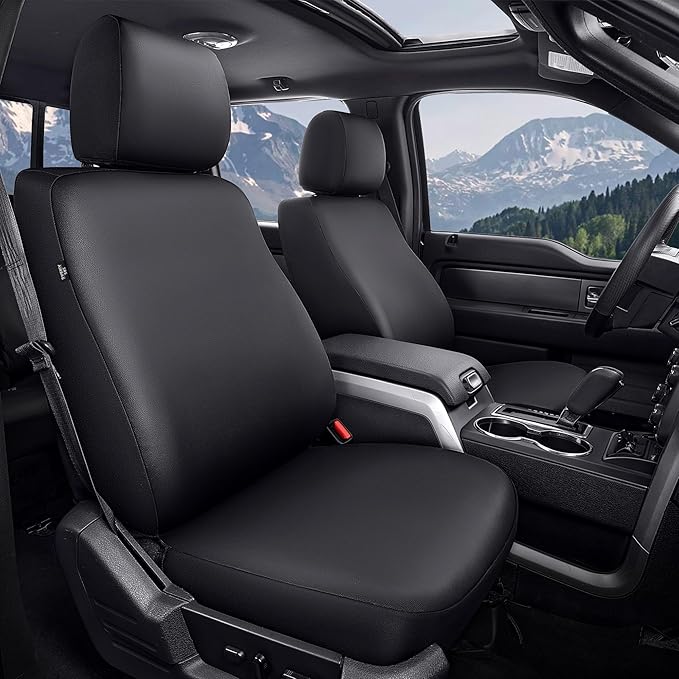 2 Front Custom Waterproof Faux Leather Truck Seat Covers for Ford F150 2009-2026,F250 F350 F450 2017-2026 with Seat Belt Shoulder Pads and Steering Wheel Cover,Black