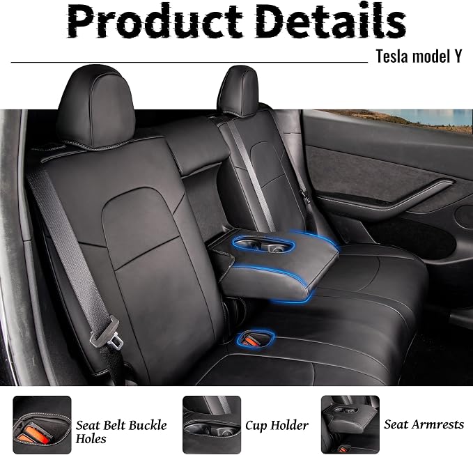 Nappa Leather Car Seat Covers Fit for Tesla Model Y 2017 2018 2019 2020 2021 2022 2023 2024, Soft and Comfortable, Easy to Clean.Reserved Seat Belt Hole-Black