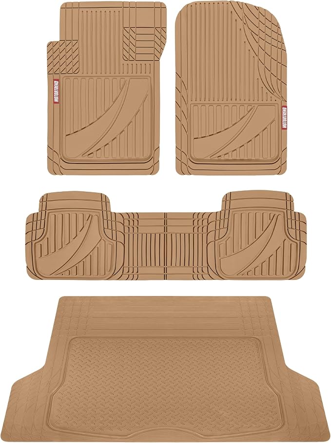 Motor Trend FlexTough™ Heavy Duty Rubber Beige Car Floor Mats All Weather & Jumbo SUV Cargo Liner Full Set - Universal Trim to Fit Automotive Floor Mats & Trunk Mats for Cars Interior Accessories