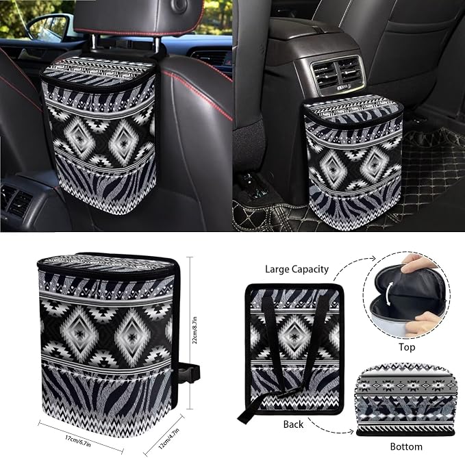 Wanyint Black Gray Car Seat Cover Set 15 Pack with Steering Wheel Seat Belt Strap Rearview Mirror Cover Garbage Cans Air Vent Pouch Coasters Keychain Auto Decor, Aztec Navajo Zebra Print