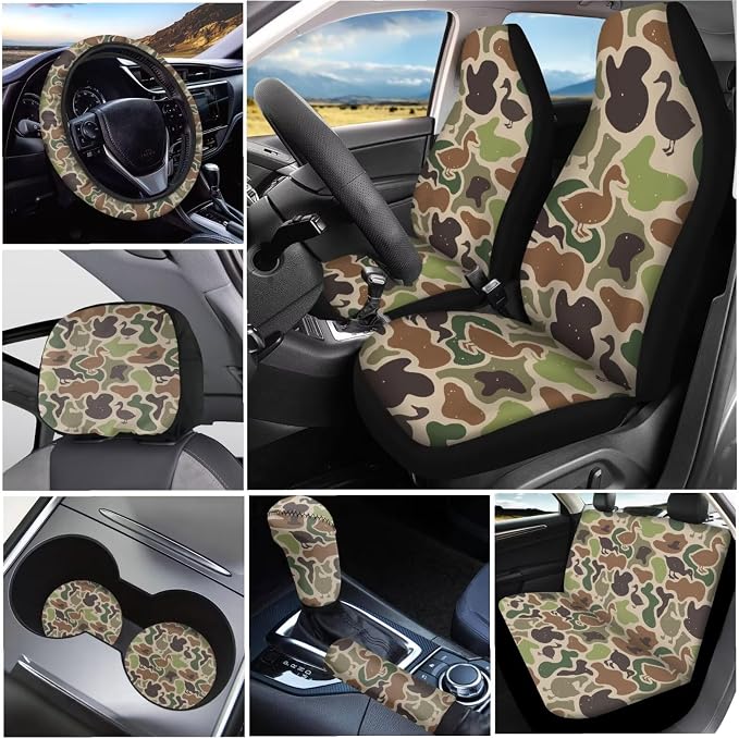 KEIAHUAN Duck Camo Hunting Car Seat Cover Full Set 11 Pieces Green Front & Back with Handbrake Cover Gear Shift Cover,Steering Wheel Cover,Stretchy Headrest Cover,Auto Cup Coasters Universal Fit