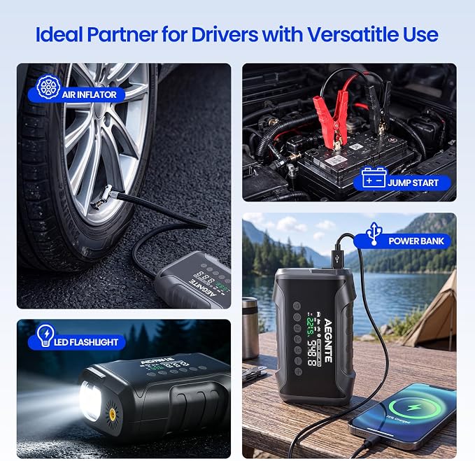 Jump Starter with 150PSI Air Compressor, Multi-Functional Portable Car Battery Booster for Vehicle Battery Jump Start, 4 in 1 Tire Inflation, Device Charging and LED Light