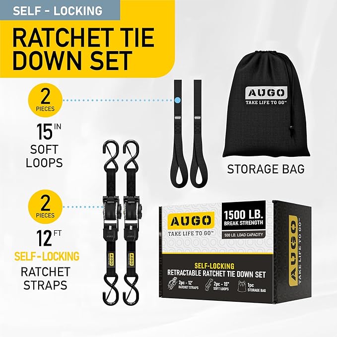 AUGO Self-Locking Retractable Ratchet Straps | 2 Heavy Duty Self-Tensioning Retractable Tie Down Straps with Soft Loops & Storage Bag | for Motorcycle, Truck, Cargo | 1500Lb Break Strength 1” x 12’