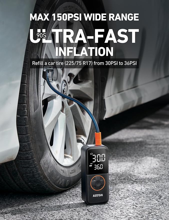 AstroAI L4&L7 Mini Tire Inflator Portable Air Compressor, 150PSI Portable Air Pump for Car Tires with Pressure Gauge LED Light, Electric Air Pump Quick Inflation for Cars,Motorcycles,Bikes,Tires,Balls