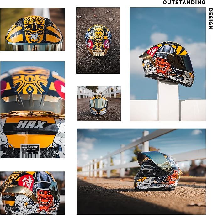 HAX Obsidian Full Face Dual Visor Adult Motorcycle Helmet for Motorbike Street Bike with Pinlock Ready DOT Approved Samurai Gold L