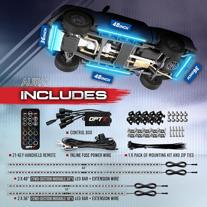 OPT7 Interior Lights & Underglow Bundle Kit with Remote Control, RGB Multicolor Modes Neon Accent Lights, Offroad Truck LED Decor Accessories, Easy Installation