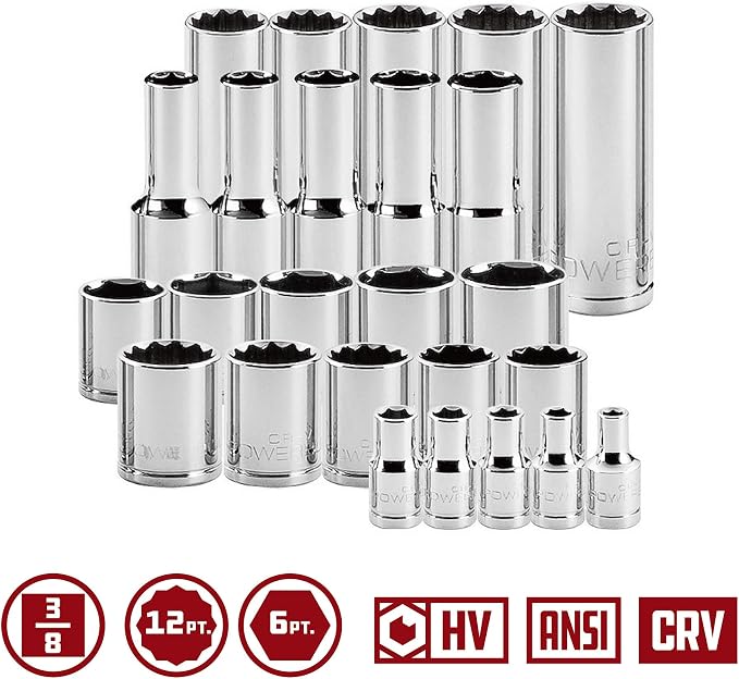 Powerbuilt Socket and Ratchet Tool Set, Extension Bars, Deep and Shallow Sockets, Organizer Tray, Pro Tech Series - 949005, 3/8-Inch, Silver, 54 Piece