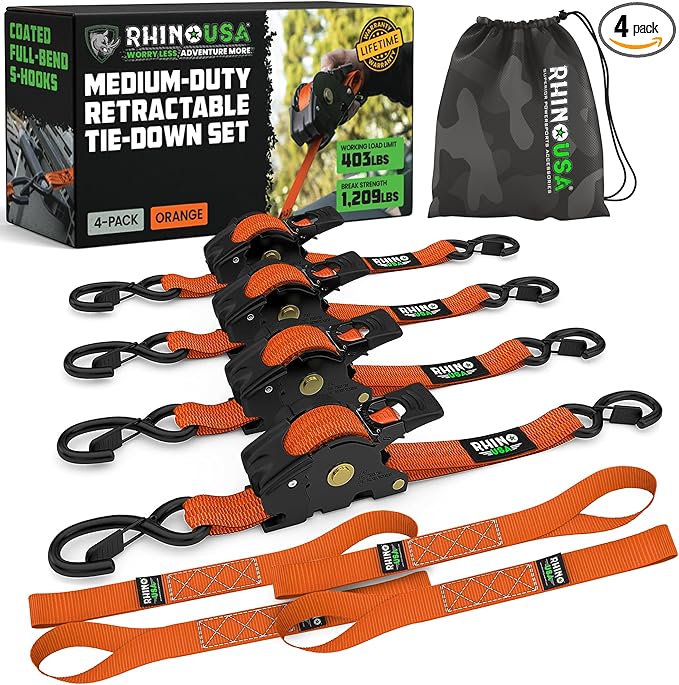 Rhino USA Retractable Ratchet Straps (4-Pack) - 1 Inch x 10 Feet (1,209lb Break Strength) - Auto Self Retracting Tie Down Straps for Truck, Cargo Trailer, Motorcycle, ATV, UTV - Orange