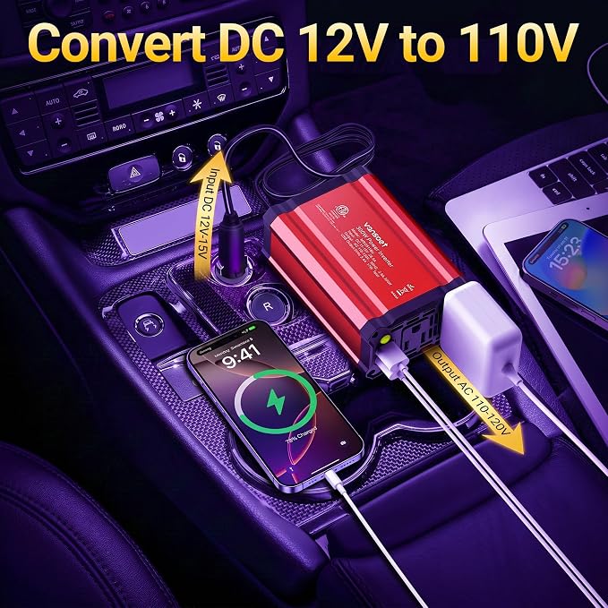 300W Car Power Inverter - vansoet DC 12V to 110V AC(2 Outlets) Power Inverters with 3.4A Dual USB Fast Charging Port - Car Charger Cigarette Lighter Adapter for Laptop/Phone/Road Trip (Red)