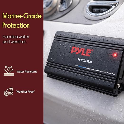 Pyle 200W RMS 4-Channel Marine Amplifier - Bluetooth Wireless Audio Streaming - Waterproof - Full Range Stereo w/ RCA - High Crossover HD Music - Multi-Channel System - Compact & Powerful - PLMRMB4CB