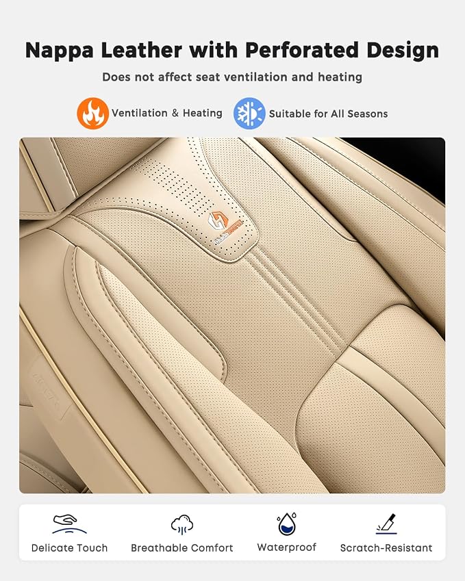 Huidasource Beige Front Seat Cover Luxury Nappa Leather, Front Car Seat Cover with Airbag, Front Storage Pocket, Lumbar Support, Cooling＆Heating, Universal Fit for Most Cars SUV Trucks, Beige