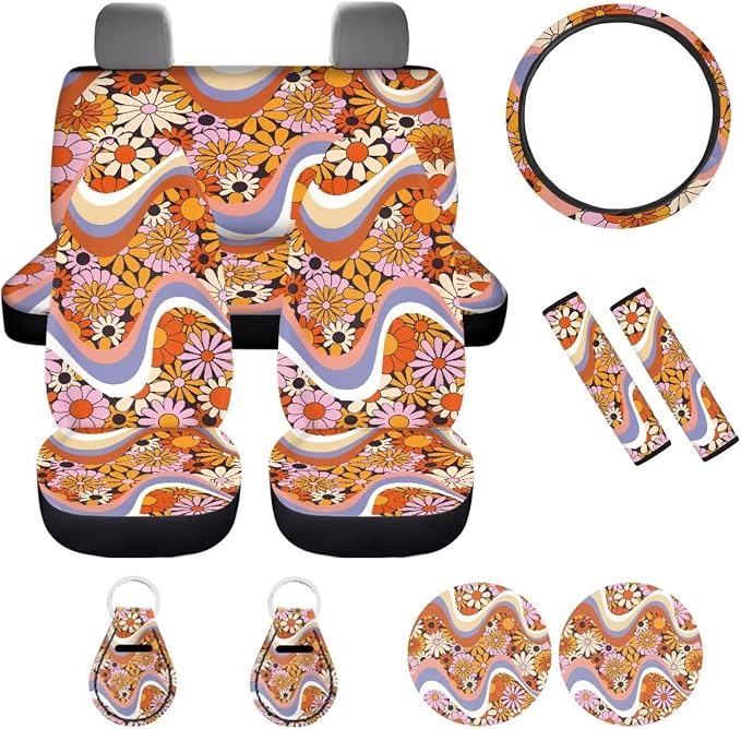 POLERO Abstract Hippie Flower Car Seat Covers Full Set for Women 70s Groovy Floral Steering Wheel Cover Retro Swirl Wavy Seat Belt Covers Hippie Coasters & Keyrings Set 11 Pcs