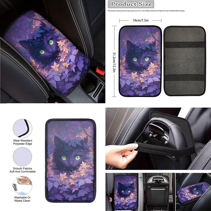 Cute Black Cat Car Interior Accessories for Women, Car Seat Covers Full Set with Auto Steering Wheel Cover Center Console Pad Seat Belt Covers, Auto Decorations Set of 8