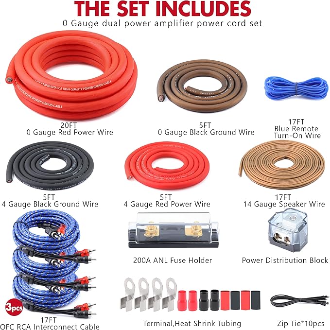 0 Gauge True Dual Amp CCA Wiring Kit - with 200A ANL Fuse, OFC RCA & 14 Gauge Speaker Wire | Complete Power/Ground Cables & Distribution Block for High-Performance Car Audio