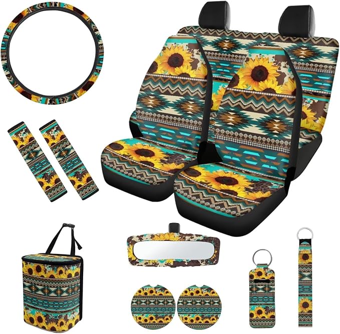 Aztec Sunflower Car Seat Cover Set - Universal Fit - Polyester, Neoprene - Car, Van, SUV - Seat Covers