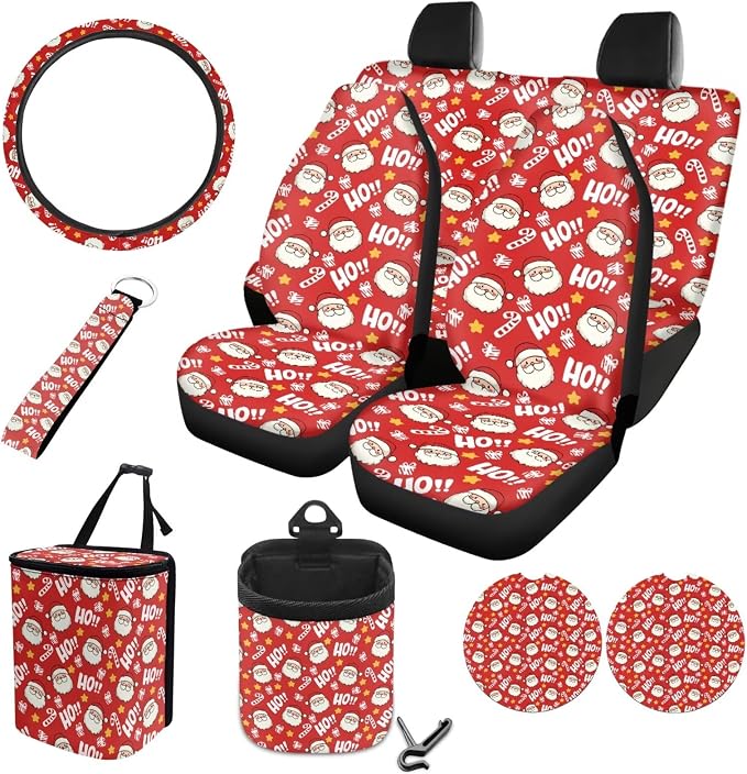 Santa Claus Stars Print Car Seat Covers Full Set Anti-Slip Car Trash Can Steering Wheel Cover Auto Air Vent Storage Bag Coasters Keychain Christmas Decor Fit for SUV Van Truck, Pack of 10