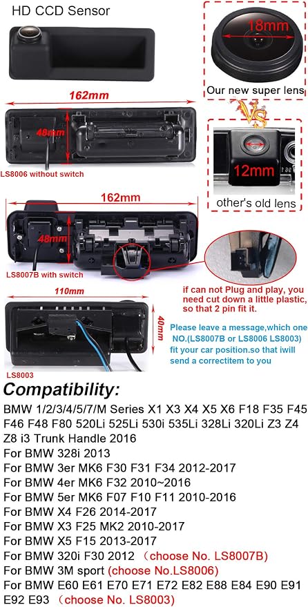 HD 1280x720 Pixels Night Vision Car Trunk Handle Rear View Backup Camera Replacement for BMW X1 X3 X4 X5 X6 F18 F35 F45 F46 F48 F80 520Li 525Li 530i 535Li (NO.LS8003=110 * 40mm)