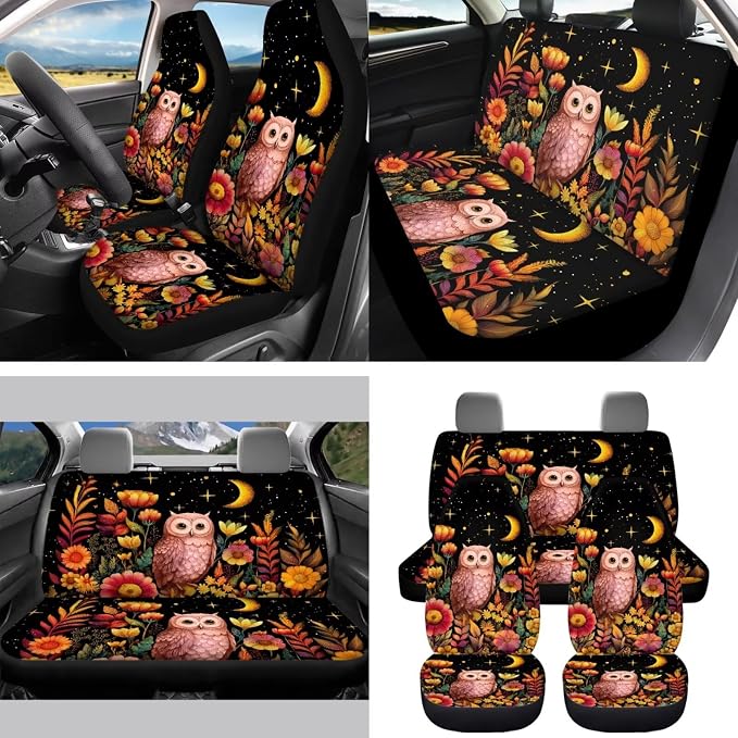 Moon Floral Owl 15Pcs Car Seat Cover Full Set Car Steering Wheel Cover Seat Belt Cover Trash Bin Front Rear View Mirror Car Cup Holder Keychain