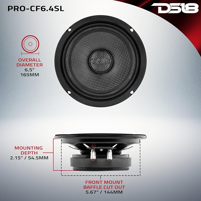 DS18 PRO-CF6.4SL 6.5" Slim Speaker 500 Watts RMS Max Power 4-Ohms Carbon Fiber Cone Water Resistant Mid-Bass Loudspeaker - Great Speaker for Motorcycles and Powersports - 1 Speaker