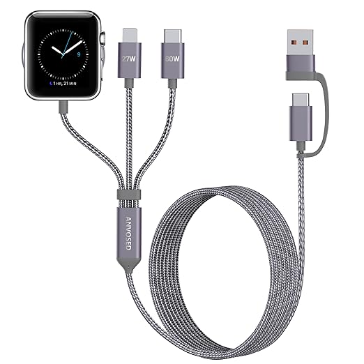 60W Fast Charging Cable for Apple Watch Charger, 6-in-1 Portable Multi Charging Cable for Apple Watch Series 1–11/SE/Ultra (Grey, 120)