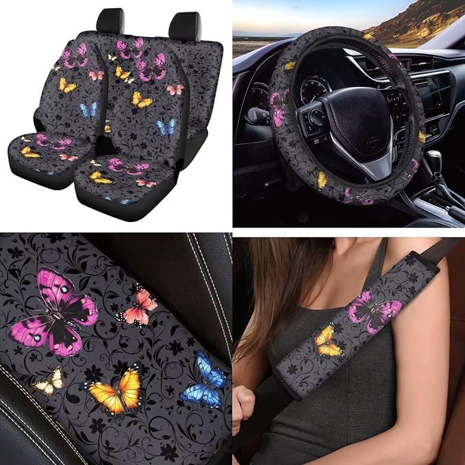 Colorful Butterfly Automobile Seat Cover Sets 12 Pack with Car Steering Wheel Cover Arm Rest Cover Keychain Holder Protector Seat Belt Pads Suitable for Most Cars,SUV