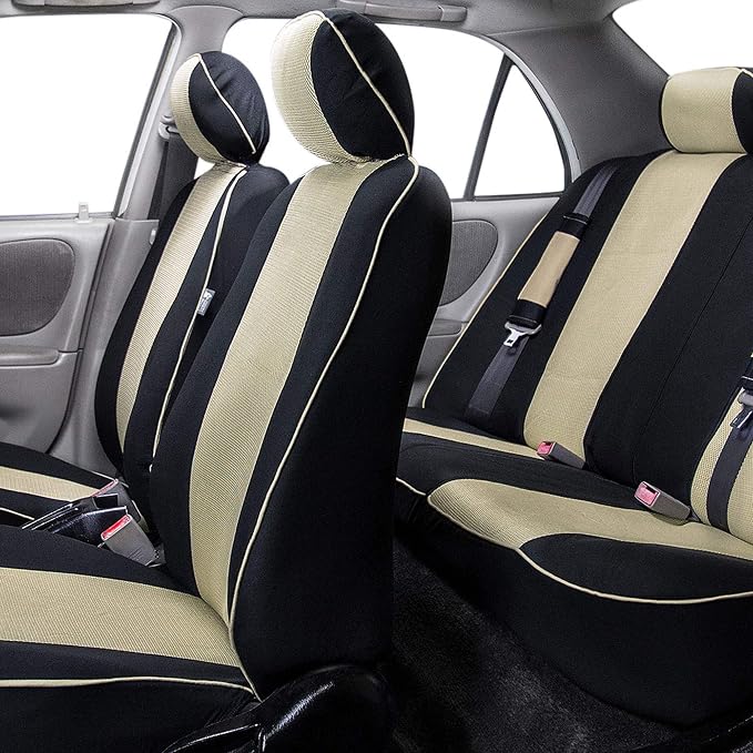 FH Group Car Seat Covers Three Row 8 Seater Cloth Car Seat Covers with Piping (Airbag and Split Ready) - Universal Fit for Cars Trucks & SUVs Beige/Black