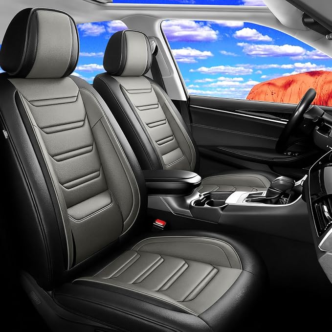 Fit ATS Car Seat Covers for Cadillac ATS 2013-2018 - Premium Full Coverage Leather, Airbag Compatible & Scratch-Resistant, Waterproof & All Weather Seat Protector, Front Pair Black+Gray