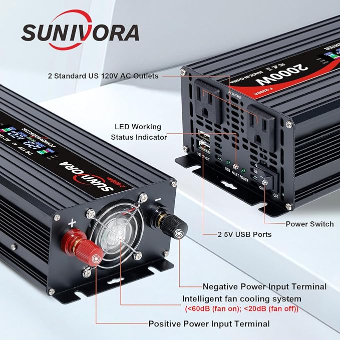 2000 Watt Power Inverter 12V DC to 110V/120V AC Converter 4000W Peak with LCD Display, 3 AC Outlets & 2 USB Ports Power Inverters for Vehicles Car Truck Boat RV Camping Solar System EPS