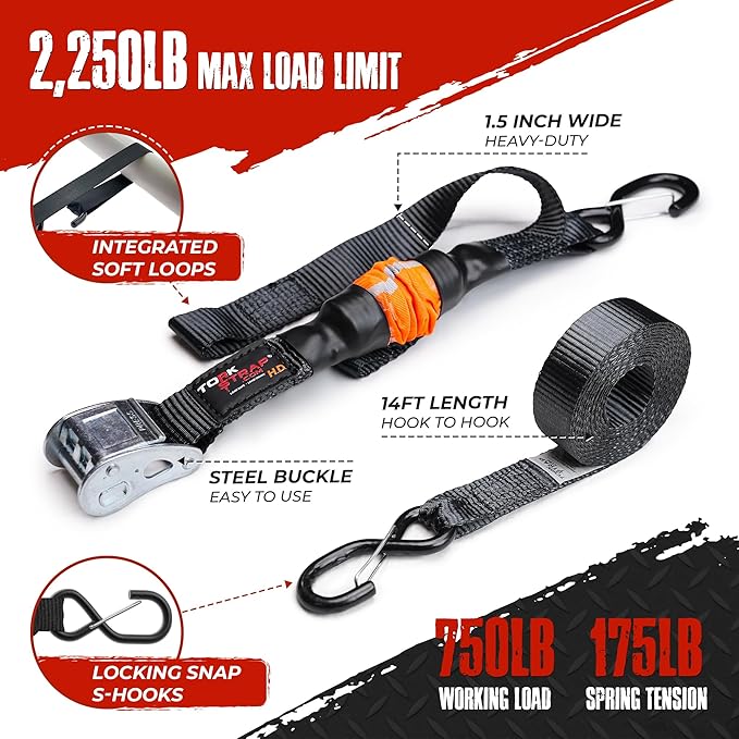 TorkStrap 14' x 1.5'' Self Tensioning Tie Down Straps [Patented] - Automatically Adapt to Load Shifts - 2,250LB Break Strength - Pull Alternative to Ratchet Straps - Integrated Soft Loop & Hook (8-PK)
