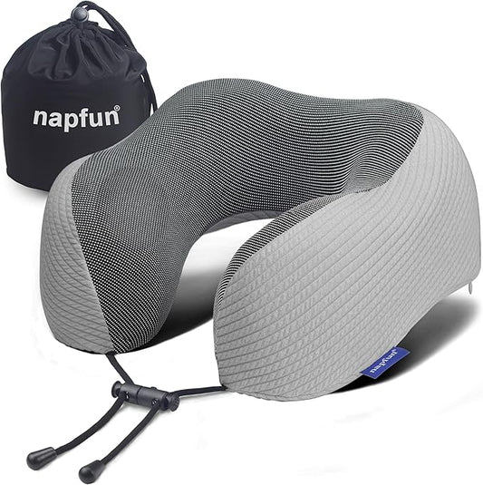 napfun Neck Pillow for Traveling, Upgraded Travel Neck Pillow for Airplane 100% Pure Memory Foam Travel Pillow for Flight Headrest Sleep, Portable Plane Accessories, Mist Gray