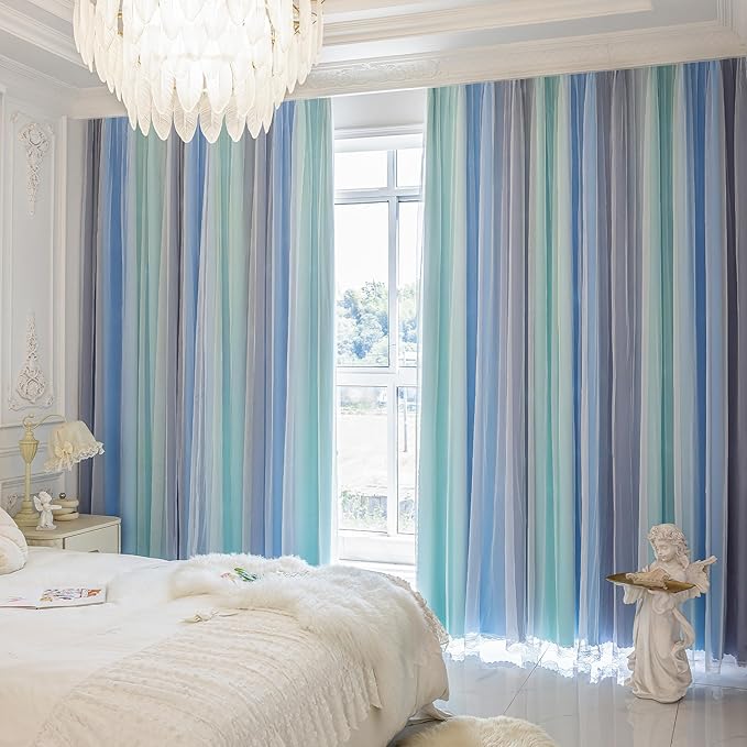 XiDi Blakout Curtains with Sheer Overlay 84 Inches Long for Bedroom 2 Panels Double Layer Rainbow Curtains for Nursery Kid Room Thermal Insulated Room Darkening Grommet Drapes Blue Green Grey 34Wx84L